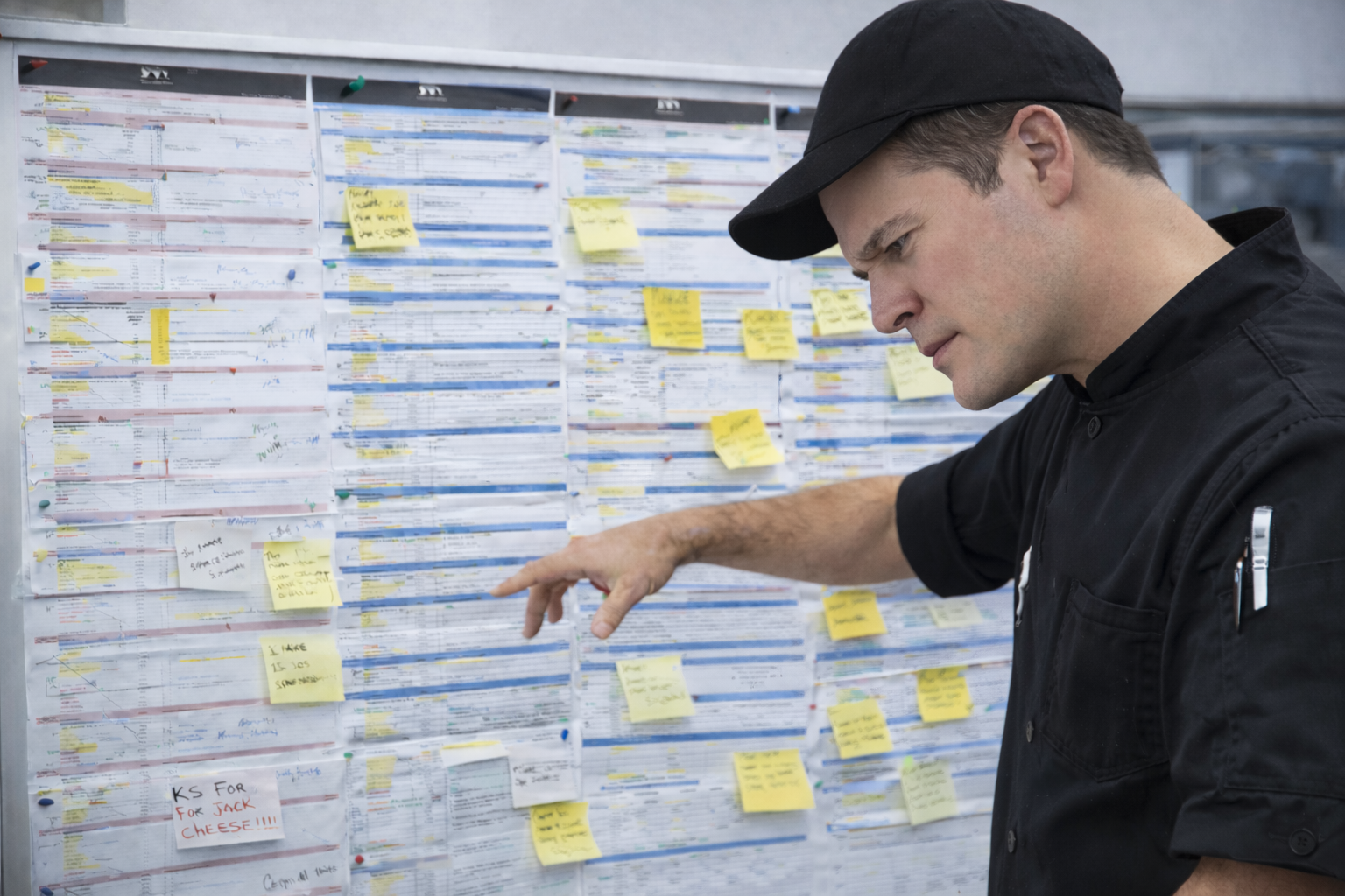 Chef dealing with chaotic spreadsheets and sticky notes on board